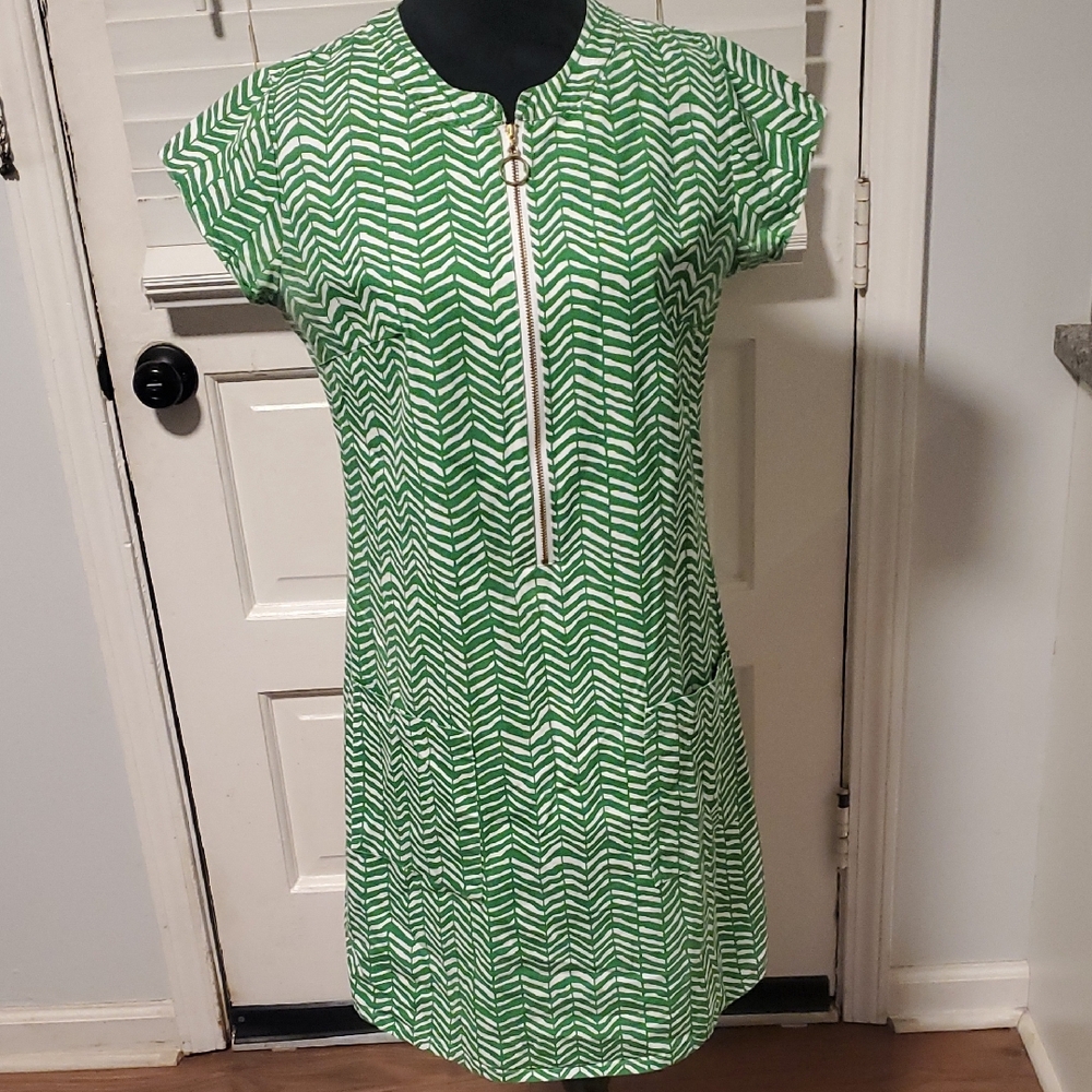 Kayce Hughes Green Chevron Zip Front Midi Dress